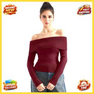 Off Shoulder Ribbed Knit Sweater Long Sleeve Fitted Chic Going Out Top